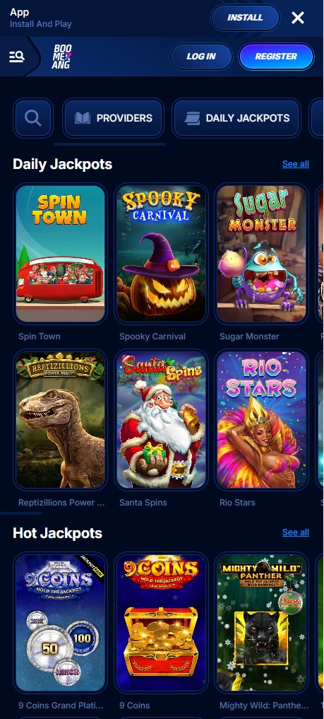 Mobilna sekcja gier z jackpotami w Boomerang Casino